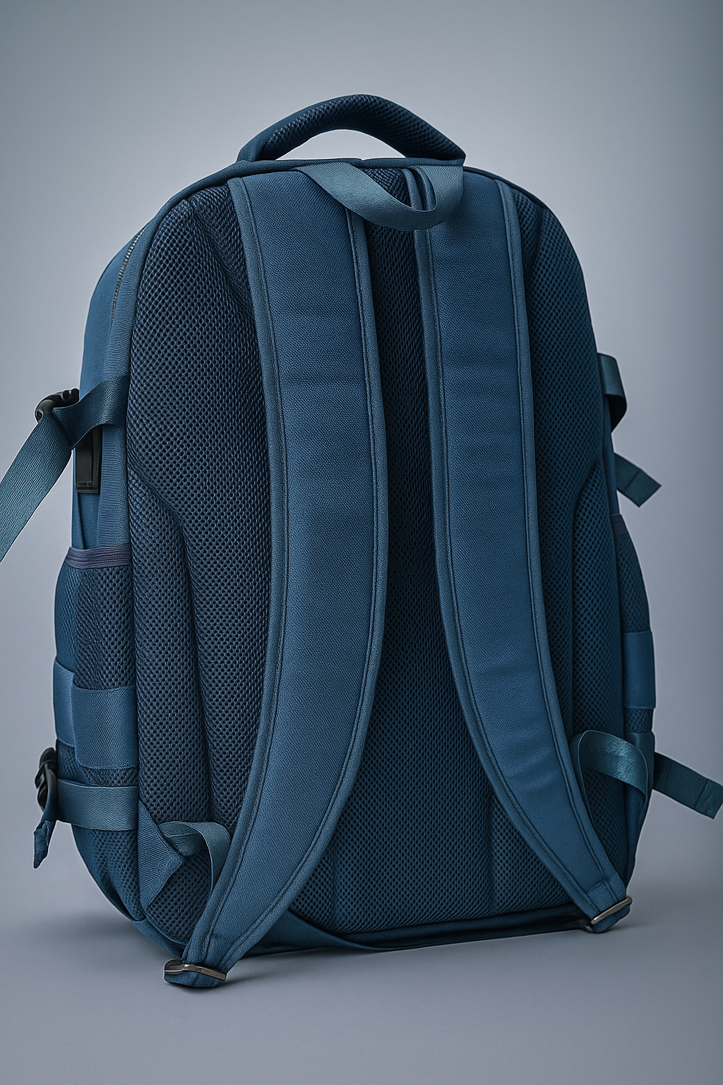 Back view of MG Aviator IJ backpack showing padded shoulder straps and breathable back panel in navy and gray