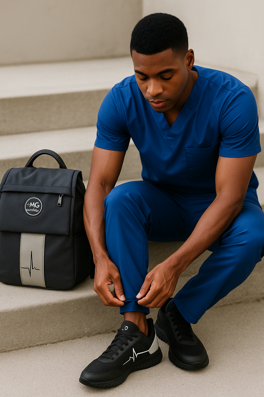 Man in MoxieGalia blue scrubs tying his StandFX 12 sneakers with the MG Gidi-Up Lite backpack beside him on a staircase.