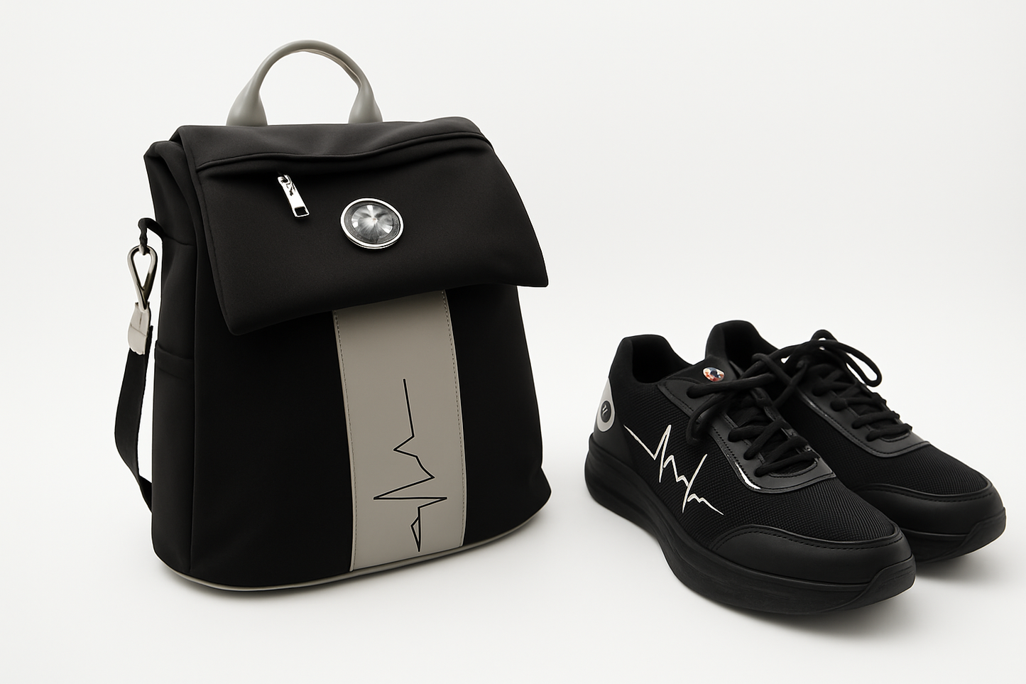 MG Gidi-Up Lite backpack with ECG stripe paired with StandFX 12 sneakers on a white background