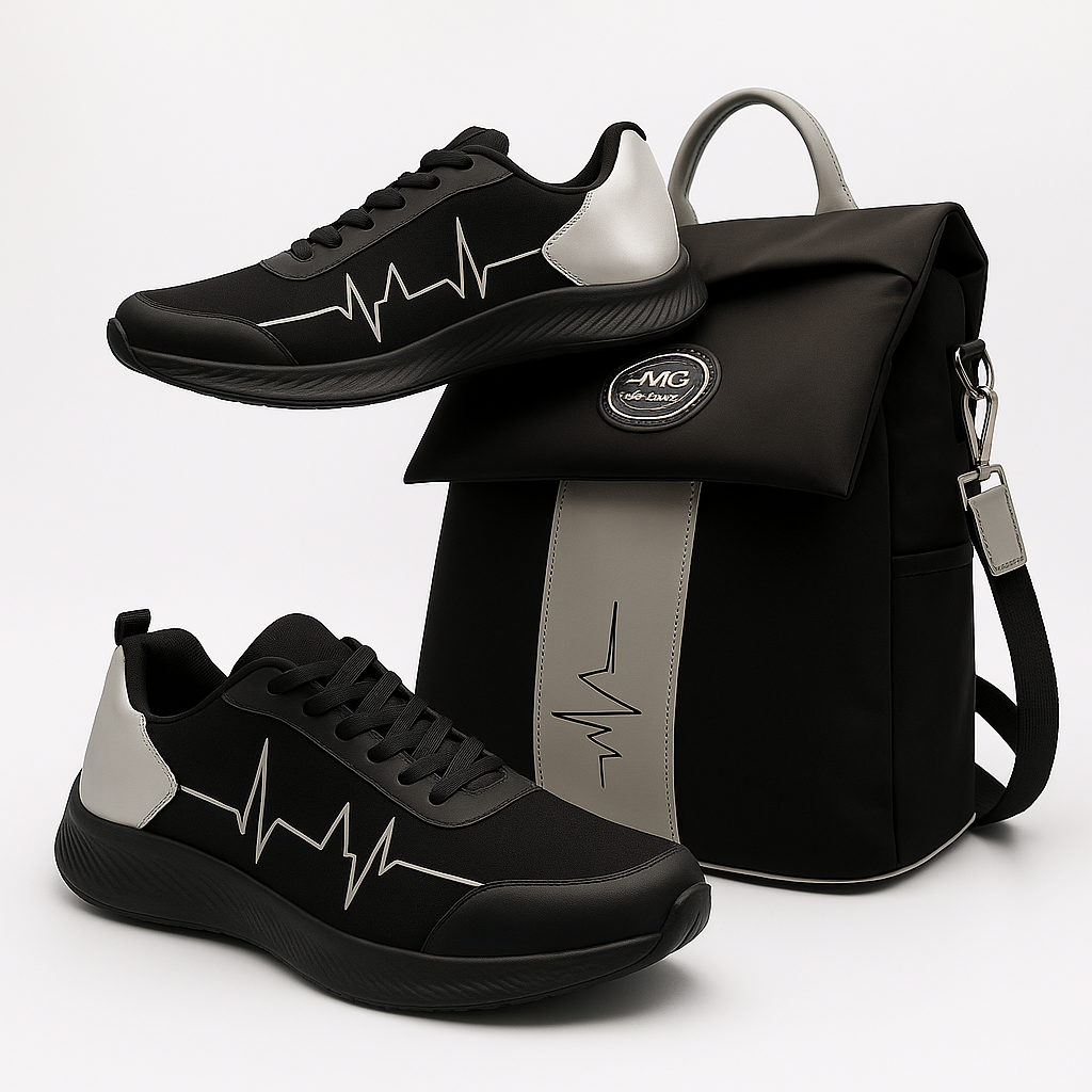 Black StandFX 12 sneakers with heartbeat design paired with MG Gidi-Up Lite backpack on a white background