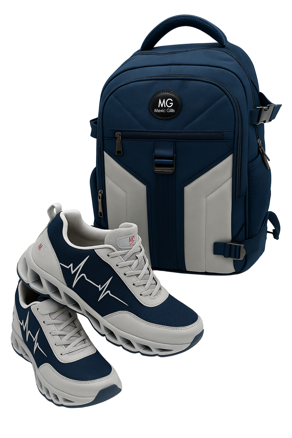 MG HoofForce IV sneakers in navy and white paired with the MG Aviator IJ travel backpack on a light gray background..