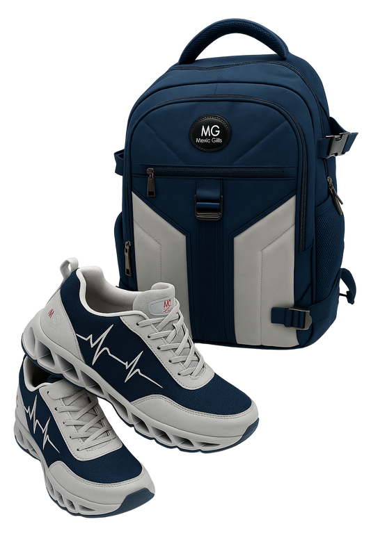 MG HoofForce IV sneakers in navy and white paired with the MG Aviator IJ travel backpack on a light gray background..