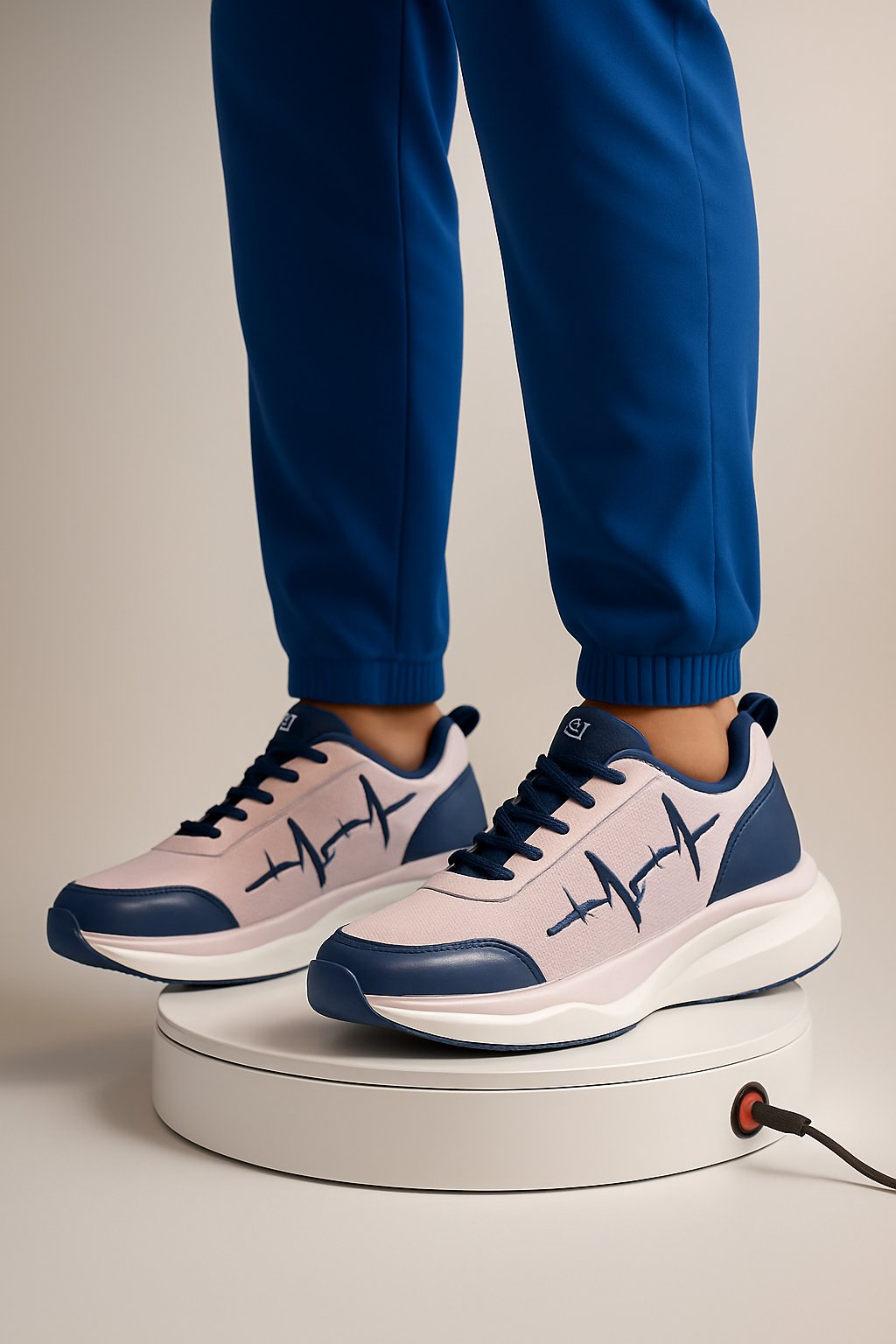 MG Voltrèa LTE blush pink and navy sneakers with ECG design worn with blue premium scrubs on neutral background