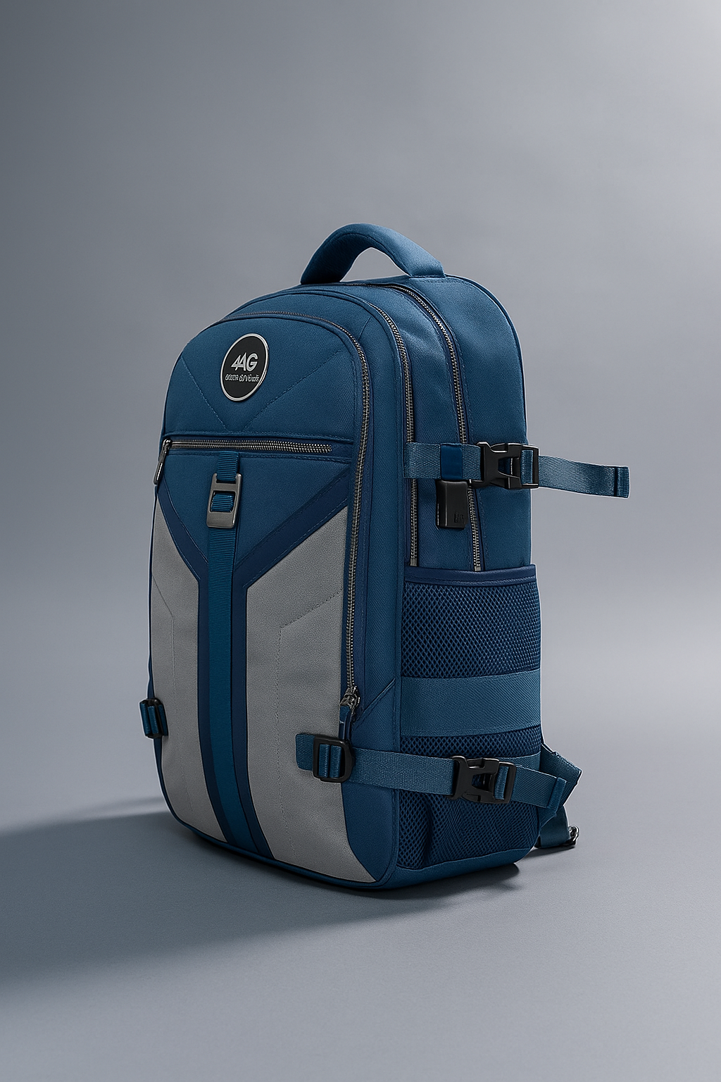 “Side view of MG Aviator IJ backpack in navy blue and gray showing ergonomic straps and side pockets”