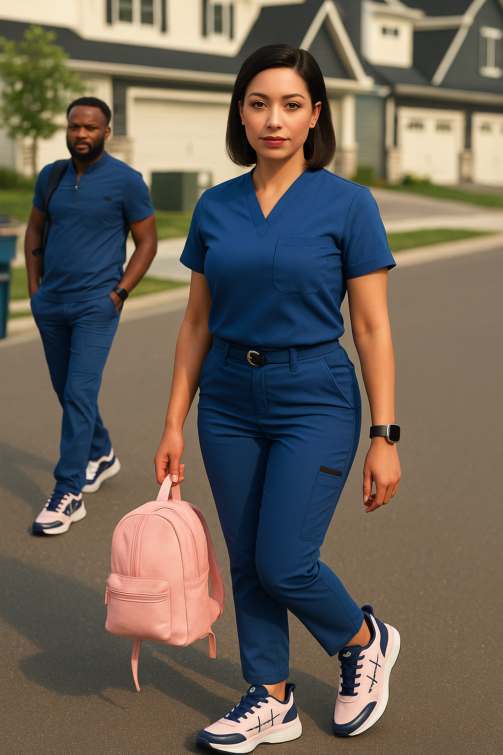 Two models wearing MoxieGalia premium navy scrubs and MG Voltrèa LTE sneakers walking outdoors; female model carries a soft pink backpack