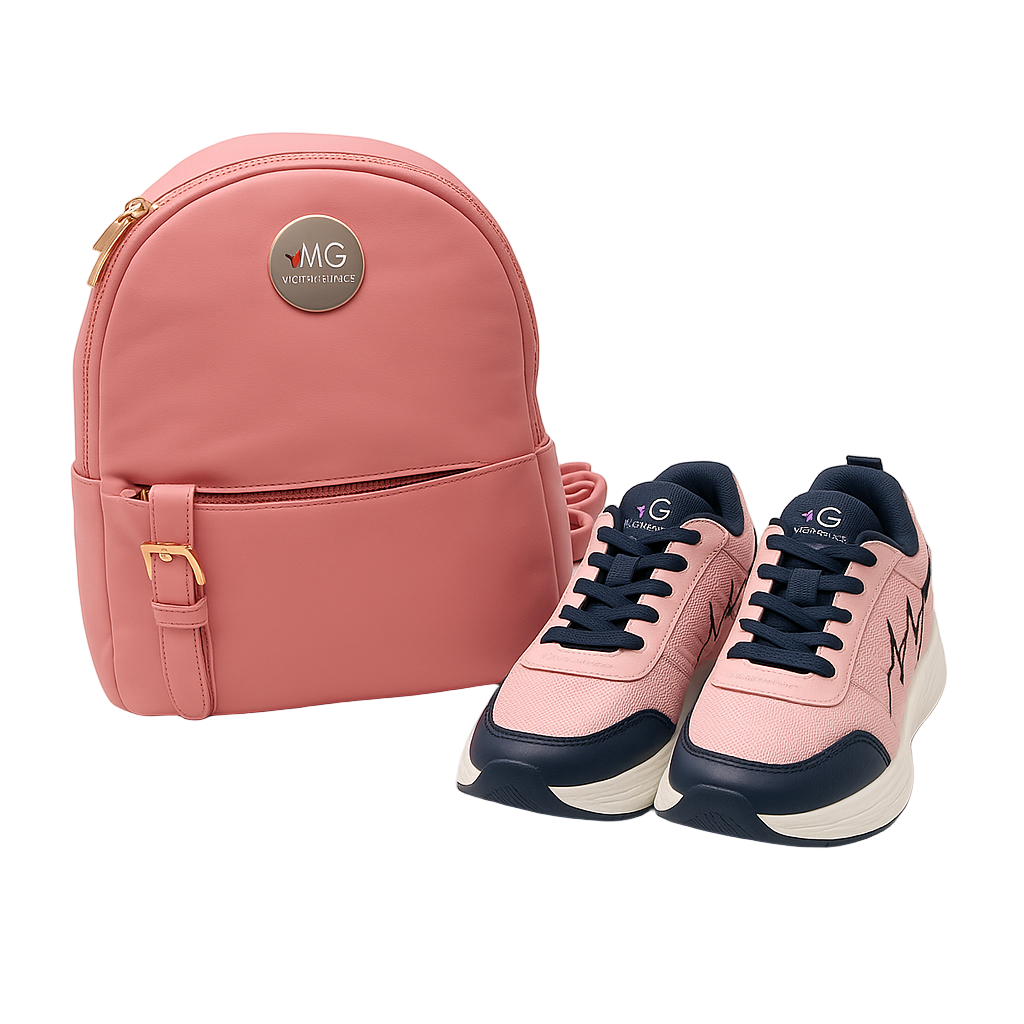 Pink MG Blush jet backpack paired with MG Voltrèa LTE sneakers featuring heartbeat design, displayed on a white background.