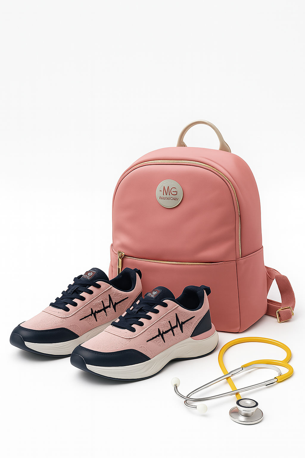 MG Blush Jet backpack, MG Voltrèa LTE pink sneakers, and a yellow stethoscope arranged together on a white background.