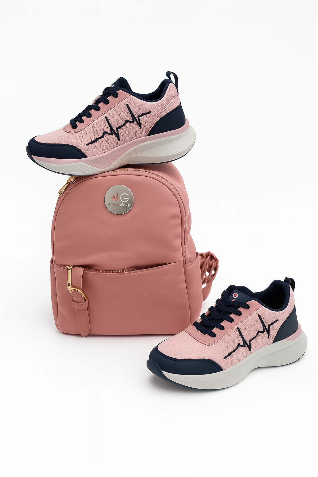 Pink MG Blush Jet backpack with MG Voltrèa LTE sneakers stacked on top, displayed on a white background.