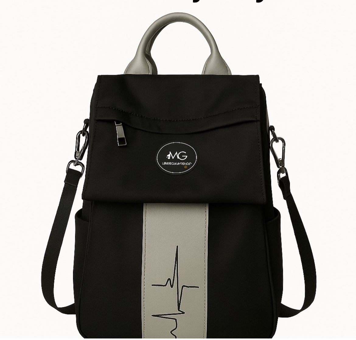 Front view of MoxieGalia Gidi-Up Lite backpack in black with soft beige ECG panel and detachable strap, featuring branded top handle — minimal and functional for everyday carry