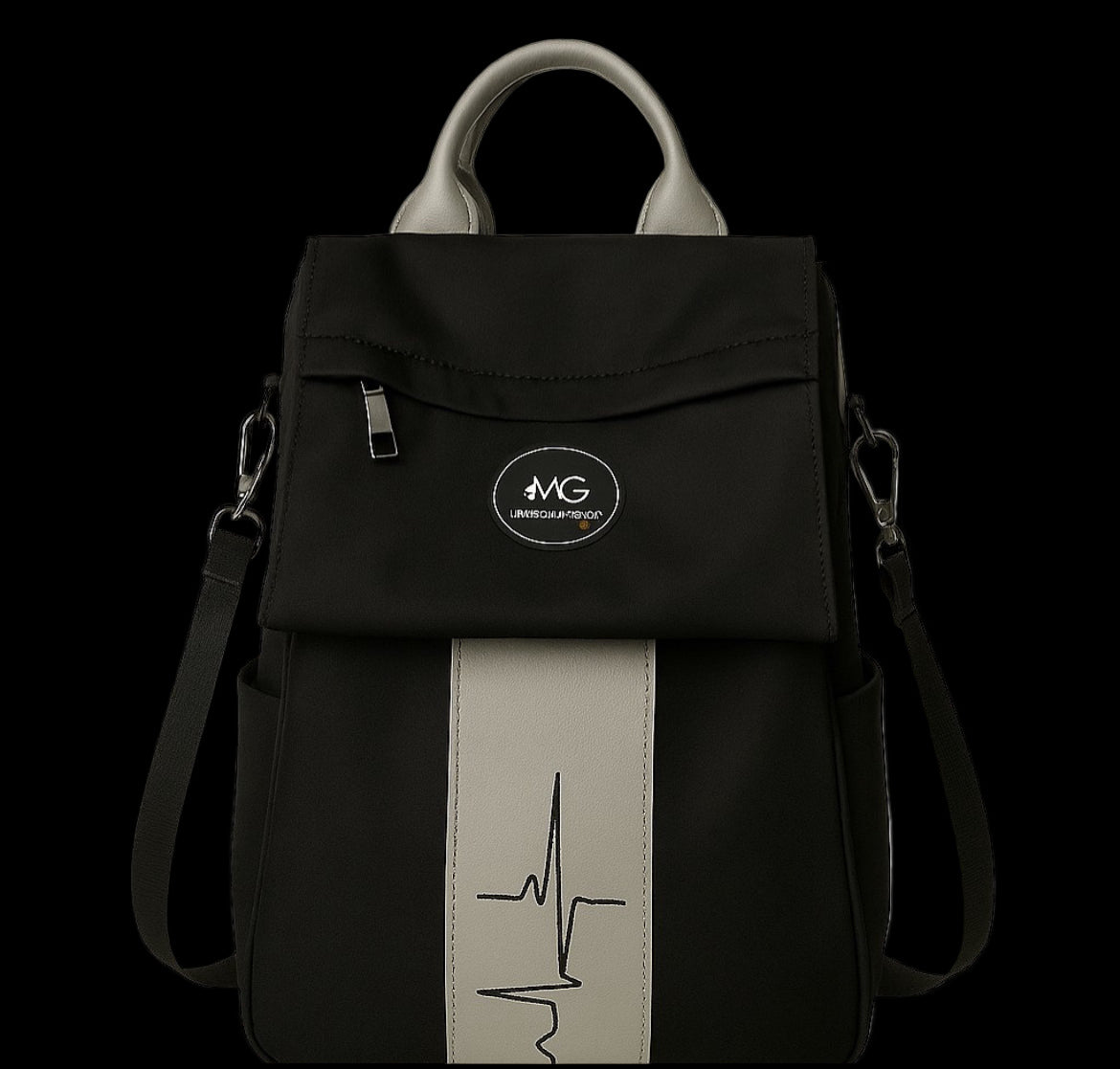 Front view of MoxieGalia Gidi-Up Lite backpack in black with soft beige ECG panel and detachable strap, featuring branded top handle — minimal and functional for everyday carry