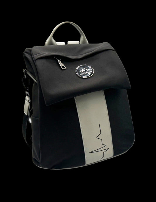 “MoxieGalia Gidi-Up Lite backpack in black with soft beige contrast panel and subtle ECG detail, shown on white background — stylish and lightweight for everyday or professional use”