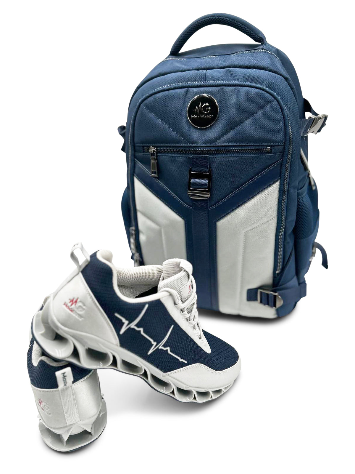 MoxieGalia MG Aviator IJ backpack in navy and gray paired with HoofForce IV sneaker, featuring hoof-inspired sole design and ECG line, ideal for long shifts, travel, or everyday wear.