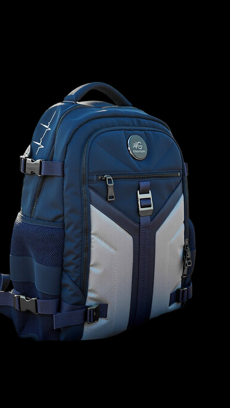 Navy blue and gray MG Aviator IJ backpack by MoxieGalia with USB port, tech compartments, laptop sleeve and utility ideal for work, travel, or daily use”
