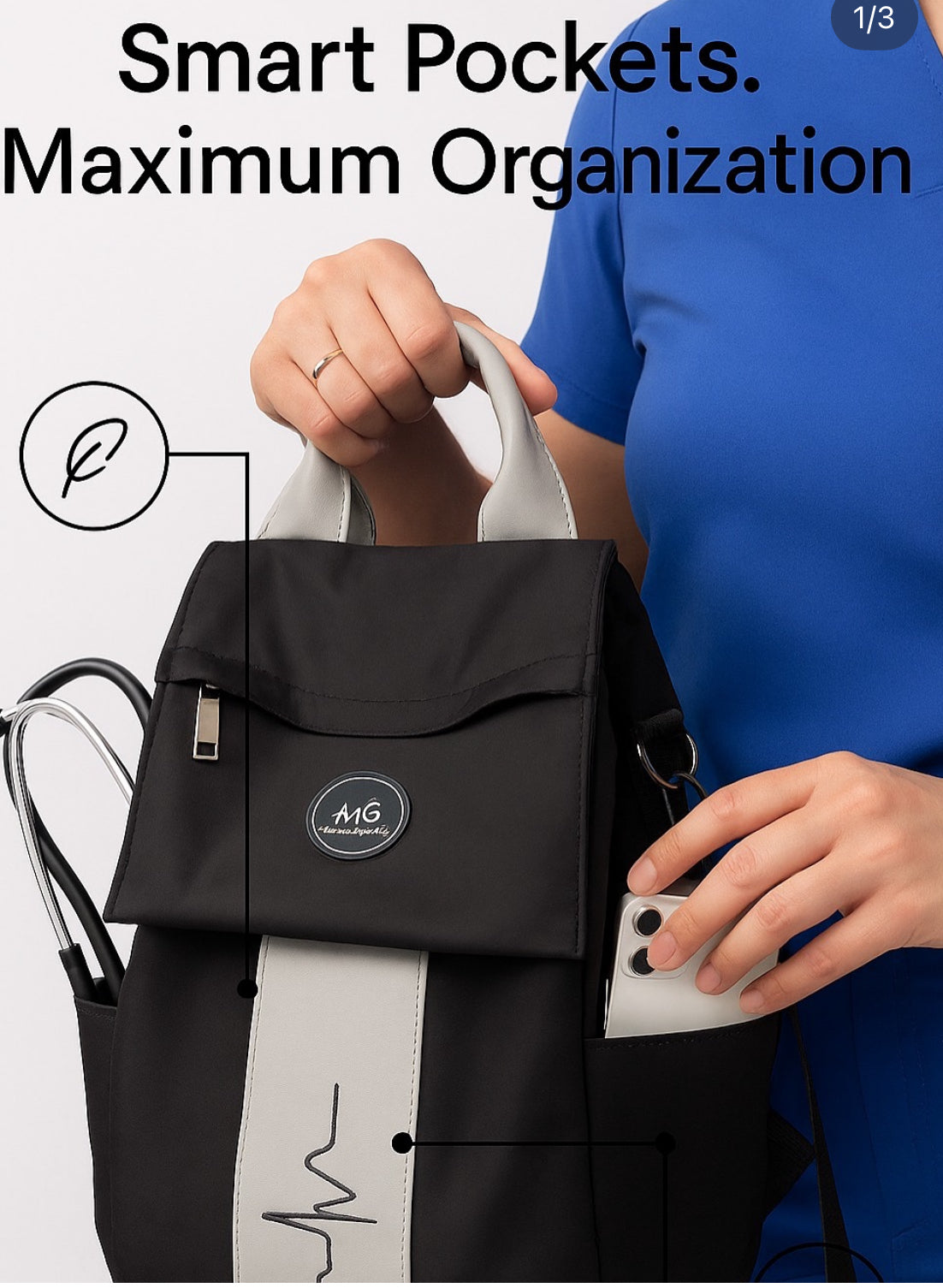Person holding MoxieGalia Gidi-Up Lite backpack in black, highlighting smart pocket and sleek ECG panel — shown with blue outfit and text overlay reading ‘Smart Pockets. Maximum Organization