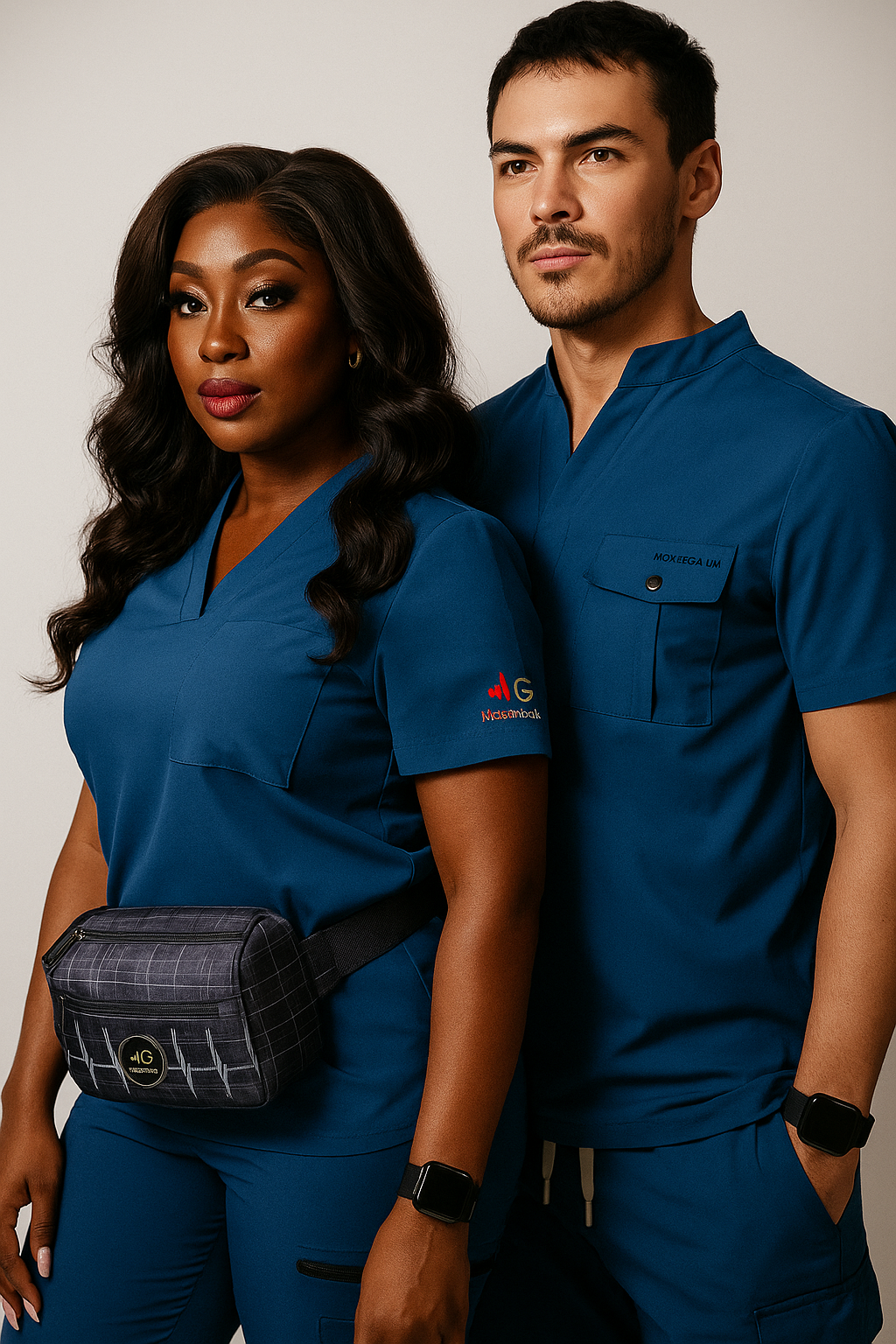Male and female models wearing MoxieGalia premium scrubs in deep blue, with the female model also showcasing the MG X-Sentia fanny pack in blue grid pattern — styled for confident, functional medical professionals.