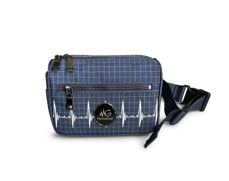 MoxieGalia MG X-Sentia fanny pack in blue grid pattern with white ECG design, front zipper pocket, and adjustable black strap — compact, hands-free bag for healthcare and everyday professionals.