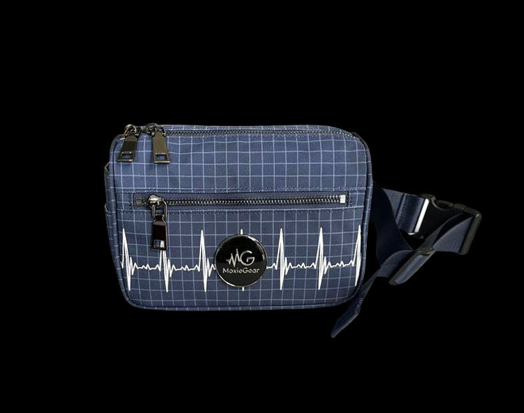MoxieGalia MG X-Sentia fanny pack in blue grid pattern with white ECG design, front zipper pocket, and adjustable black strap — compact, hands-free bag for healthcare and everyday professionals.