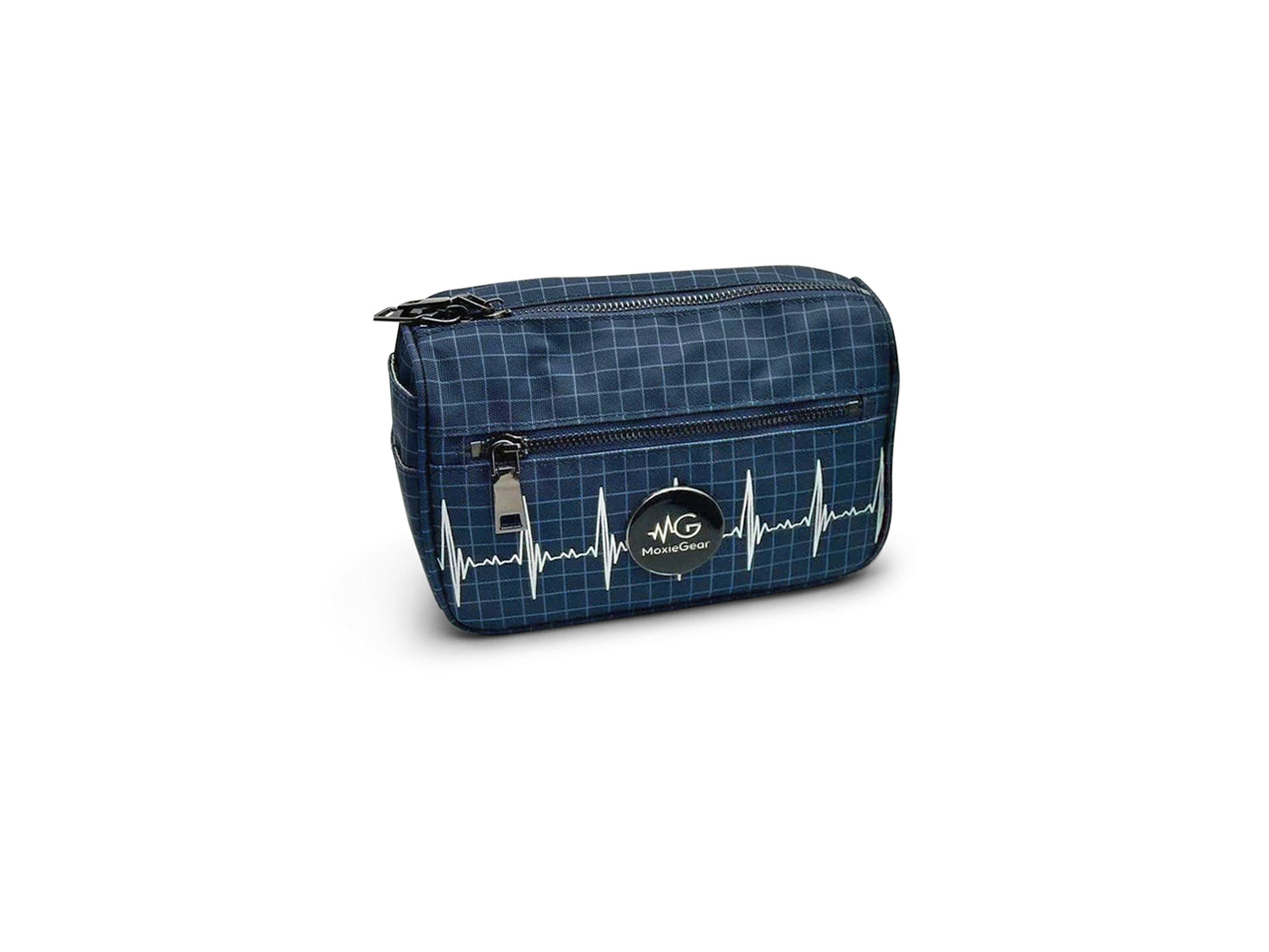 Front view of MoxieGalia MG X-Sentia mini pack in blue grid pattern with white ECG heartbeat graphic, compact size ideal for tech gear, toiletries, or on-the-go essentials — shown on white background.
