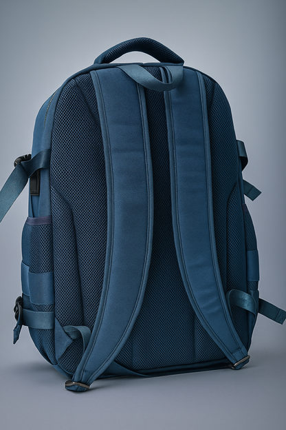 Back view of MG Aviator IJ backpack showing padded shoulder straps and breathable back panel in navy and gray