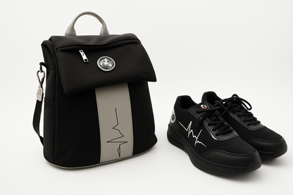 MG Gidi-Up Lite backpack with ECG stripe paired with StandFX 12 sneakers on a white background