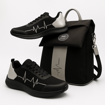 Black StandFX 12 sneakers with heartbeat design paired with MG Gidi-Up Lite backpack on a white background