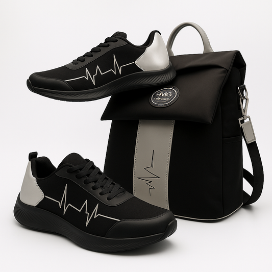Black StandFX 12 sneakers with heartbeat design paired with MG Gidi-Up Lite backpack on a white background