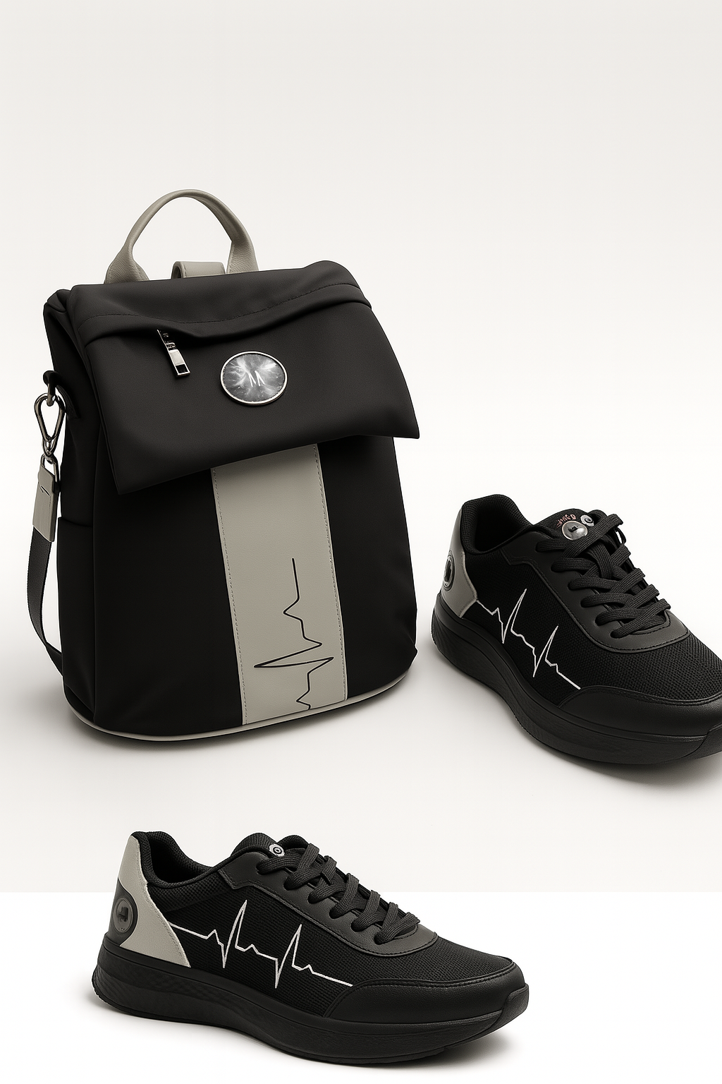 Black MG Gidi-Up Lite backpack with ECG stripe paired with StandFX 12 sneakers on a white background