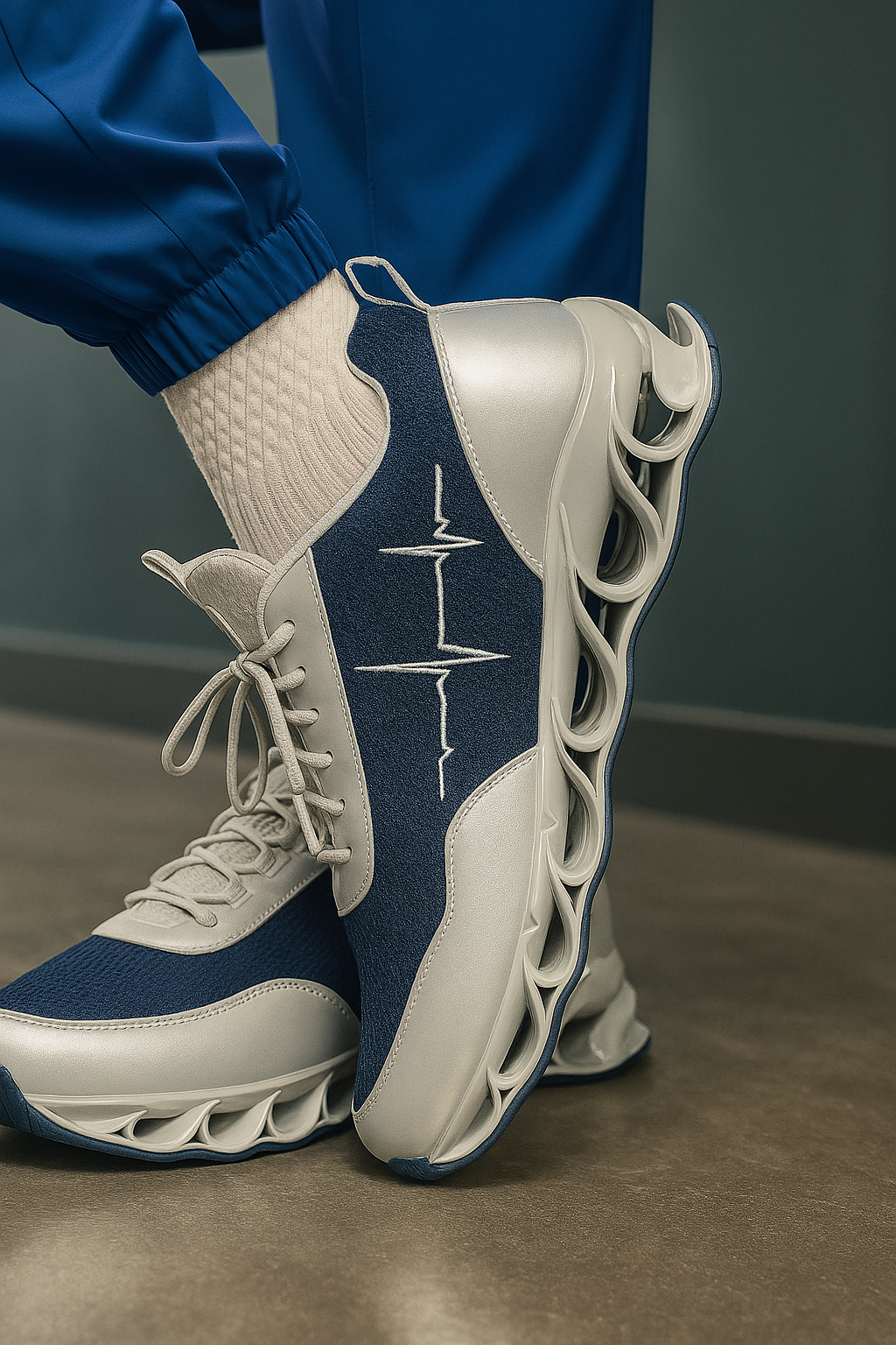 Person wearing MG HoofFORCE IV blue and white sneakers with ECG design, paired with premium MoxieGalia scrubs in a lifestyle setting