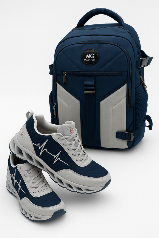 MG HoofForce IV sneakers in navy and white paired with the MG Aviator IJ travel backpack on a light gray background..