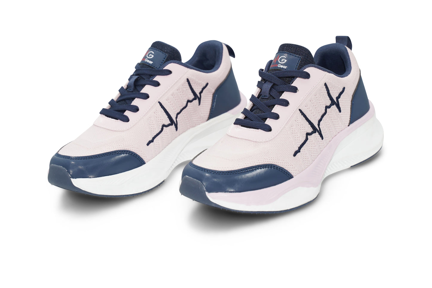 MG Voltrèa LTE blush pink and navy sneakers with ECG line displayed on white background