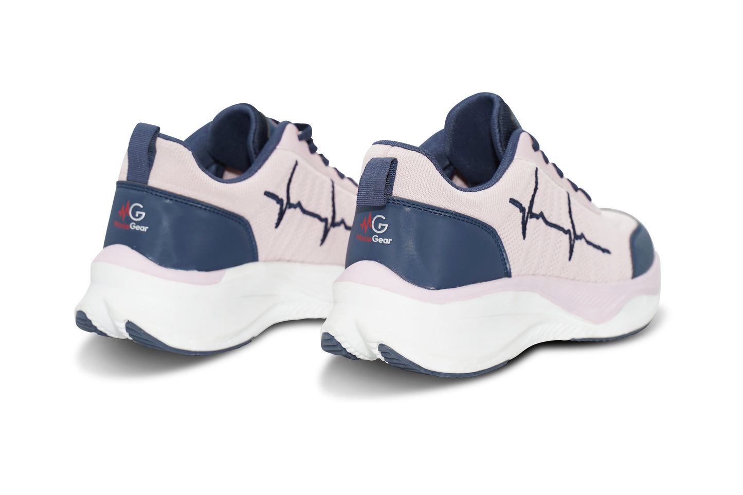 MG Voltrèa LTE blush pink and navy sneakers with ECG line design, rear view on white background