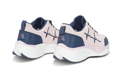 MG Voltrèa LTE blush pink and navy sneakers with ECG line design, rear view on white background