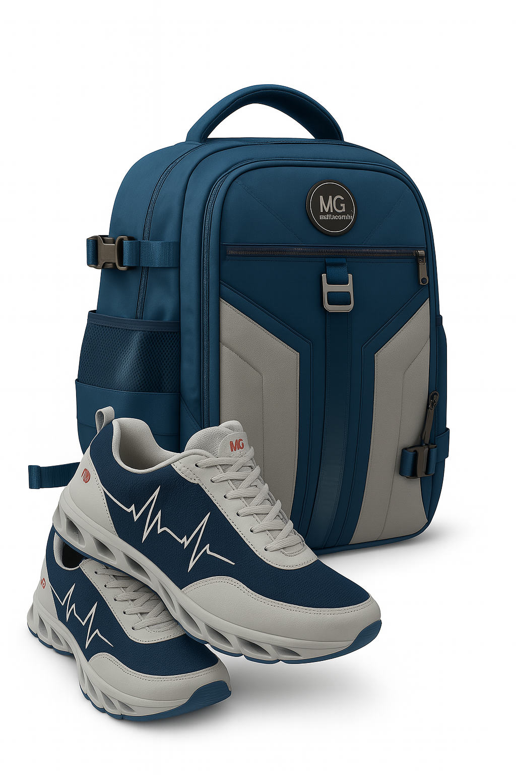 Blue and gray MG Aviator IJ backpack paired with MG HoofForce IV sneakers featuring heartbeat design, shown on a white background.