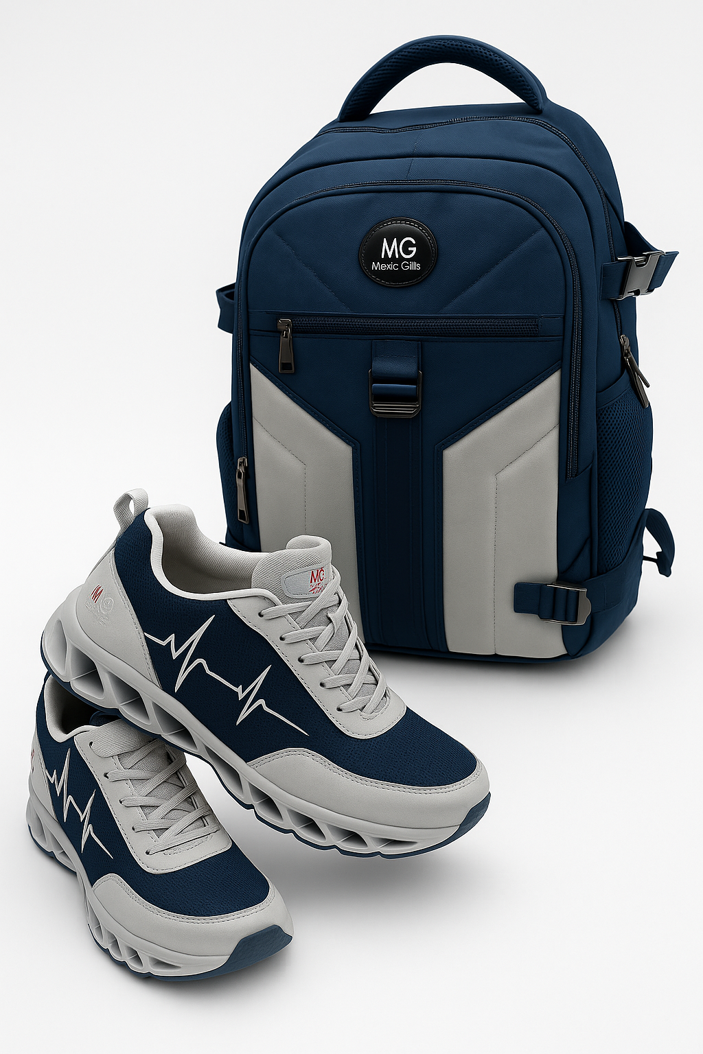 Flat lay of MG HoofForce IV navy and white sneakers paired with MG Aviator IJ backpack on a light gray background.