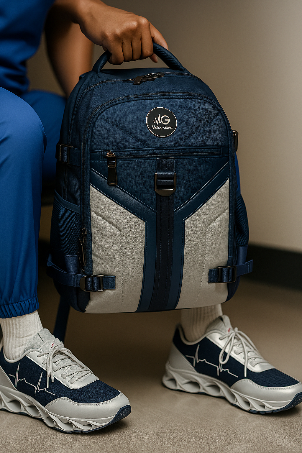 Person wearing MG HoofForce IV sneakers while holding the MG Aviator IJ backpack, both in navy and gray tones, seated on a light background.
