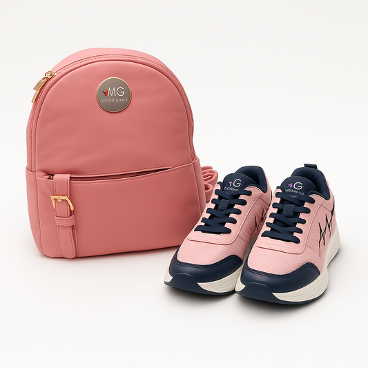 Pink MG Blush jet backpack paired with MG Voltrèa LTE sneakers featuring heartbeat design, displayed on a white background.