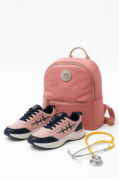 MG Blush Jet backpack, MG Voltrèa LTE pink sneakers, and a yellow stethoscope arranged together on a white background.