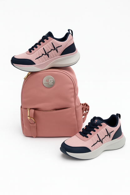 Pink MG Blush Jet backpack with MG Voltrèa LTE sneakers stacked on top, displayed on a white background.