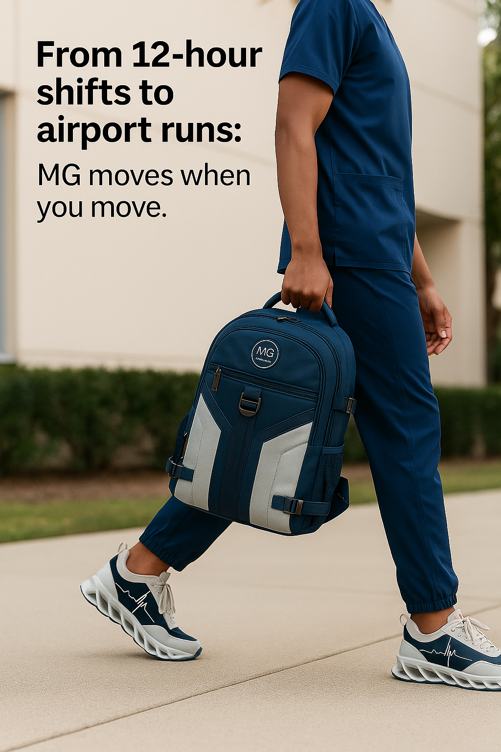A doctor  in navy MG premium  scrubs walking outdoors with MG HoofForce IV sneakers and the MG Aviator IJ backpack in hand.