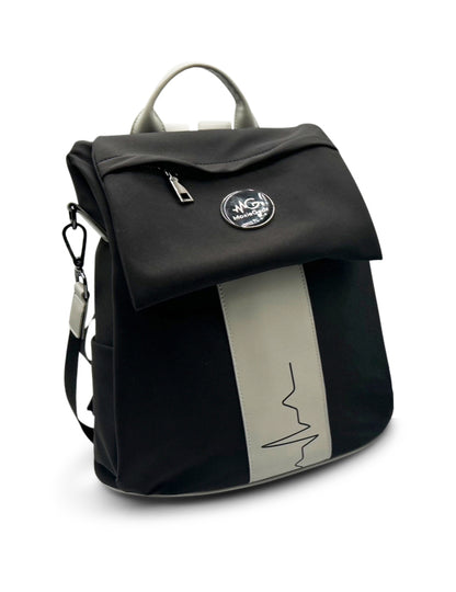 
“MoxieGalia Gidi-Up Lite backpack in black with soft beige contrast panel and subtle ECG detail, shown on white background — stylish and lightweight for everyday or professional use”