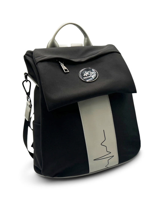 
“MoxieGalia Gidi-Up Lite backpack in black with soft beige contrast panel and subtle ECG detail, shown on white background — stylish and lightweight for everyday or professional use”
