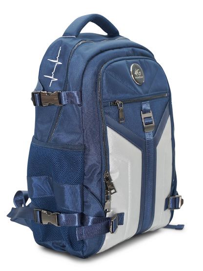 Side profile of ergonomic MG Aviator backpack showing side pockets and buckle straps
