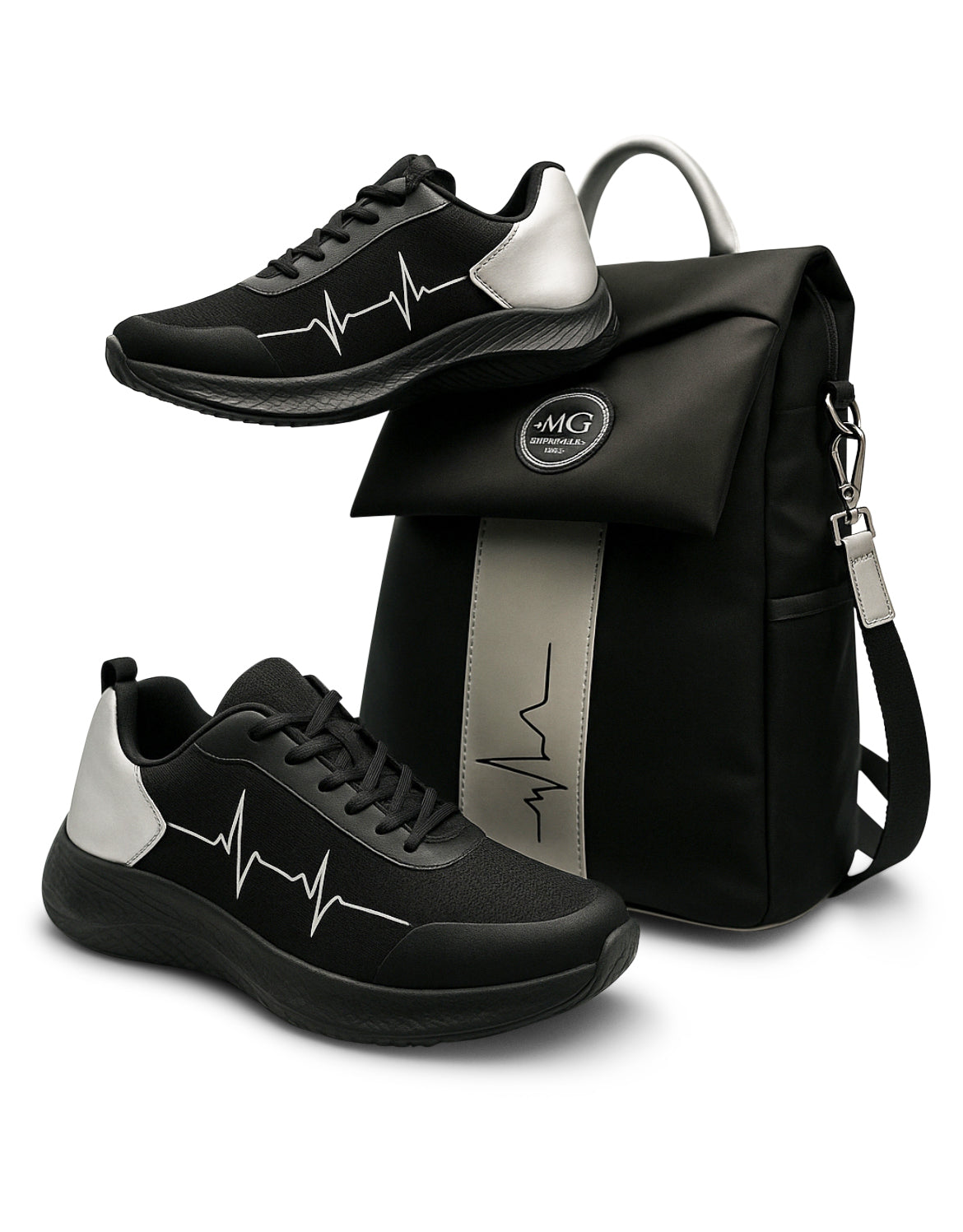 MoxieGalia StandFX 12 sneakers in black and white with signature ECG design displayed next to the Gidi-Up Lite backpack in black with contrast stripe — styled together for a sleek, everyday professional look