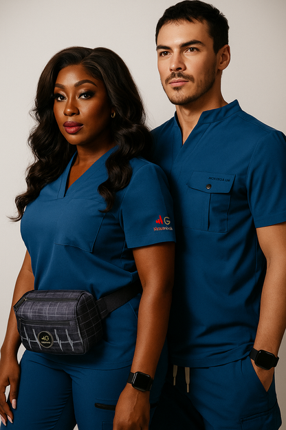 Male and female models wearing MoxieGalia premium scrubs in deep blue, with the female model also showcasing the MG X-Sentia fanny pack in blue grid pattern — styled for confident, functional medical professionals.